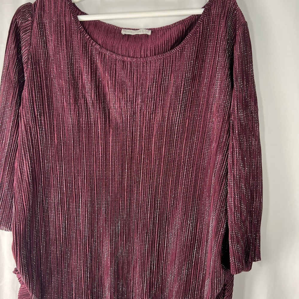 Revolution & Co Women's Top Pleated. in Shimmering Burgundy Glitter Stretch Top
